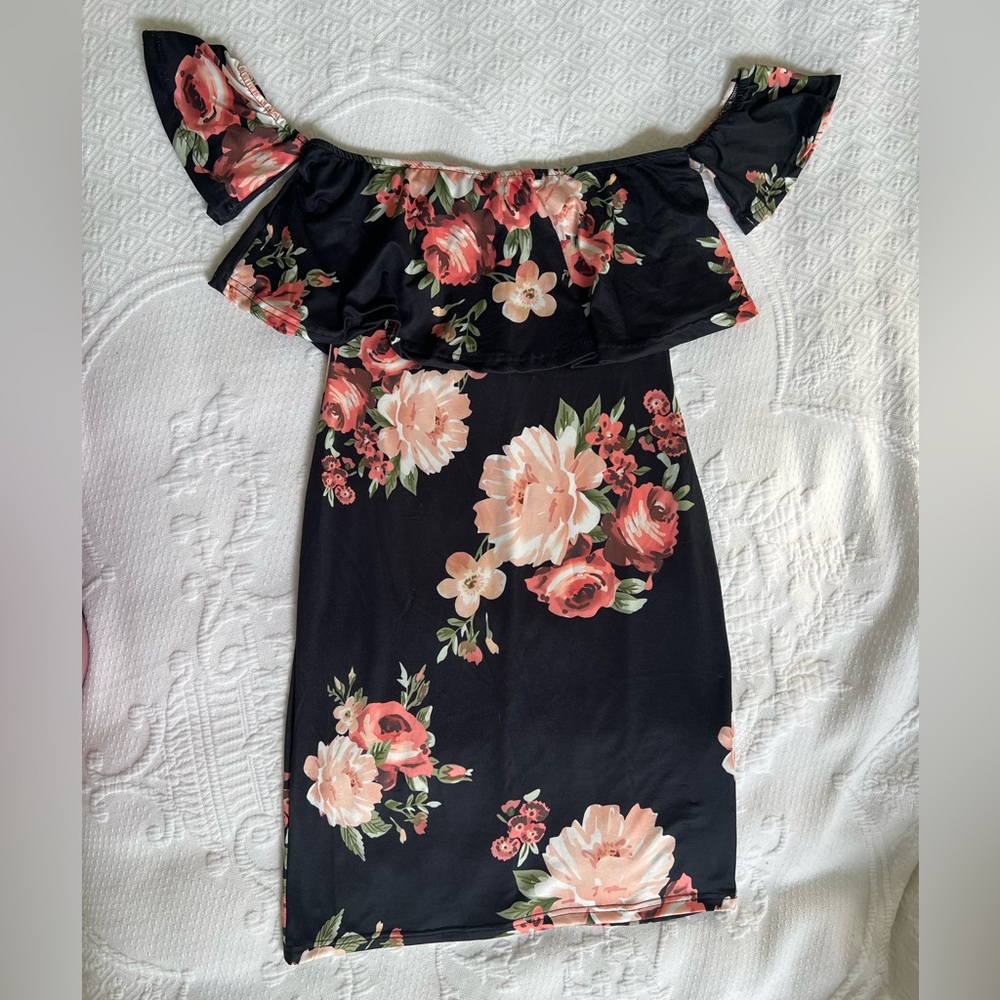 Vintage Off-the-Shoulder Sleeve Dress Black/Rose Floral Women’s Size Small - Picture 14 of 14